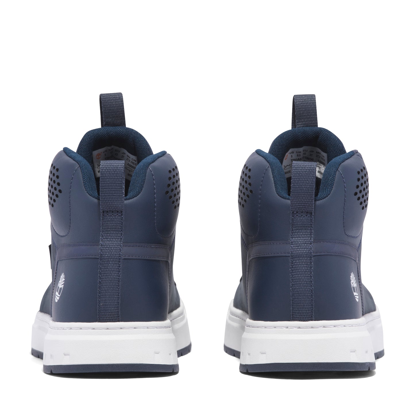 Rear view of navy mid-top athletic shoes with white soles.