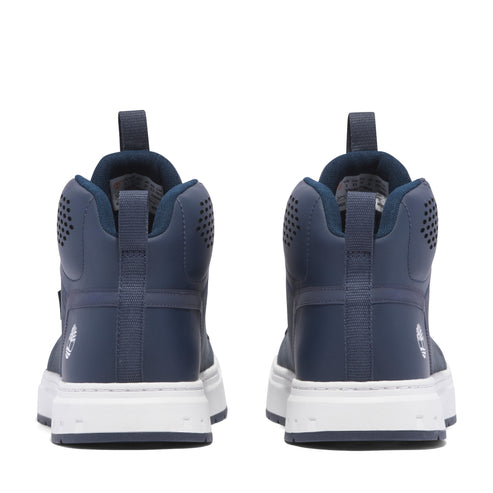 Rear view of navy mid-top athletic shoes with white soles.