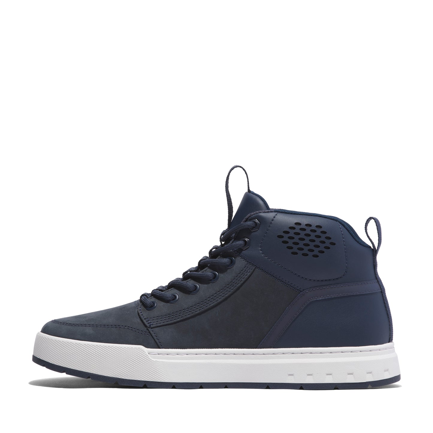 Navy blue high-top sneaker with white rubber sole, lace-up closure, and ventilation holes.