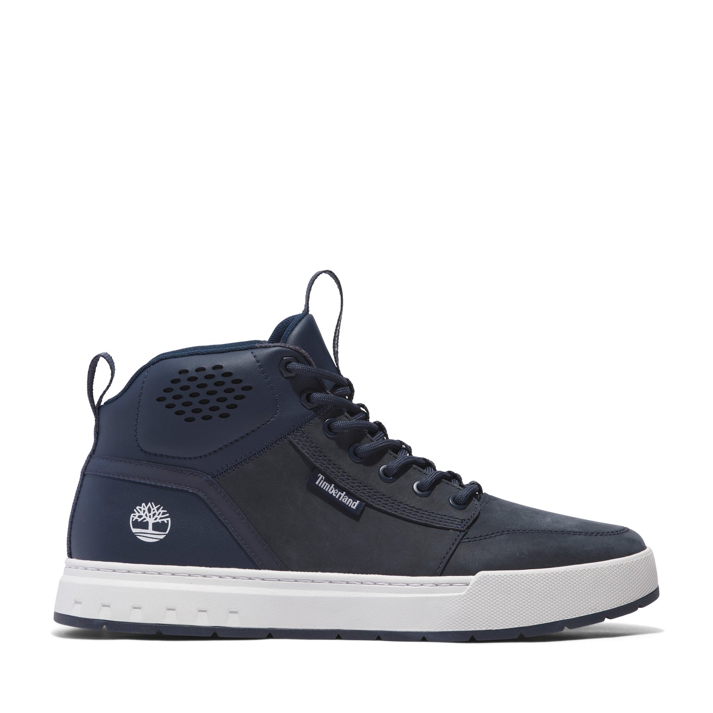 A navy high-top sneaker with white sole, laces, and tree logo near the heel.