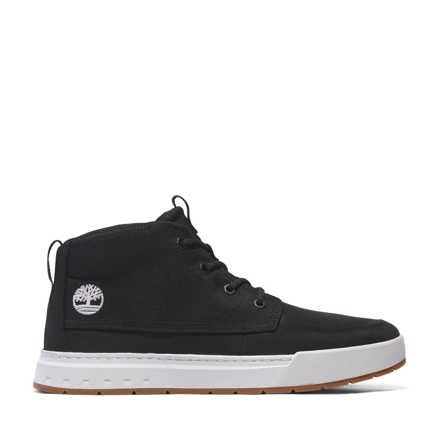 Black high-top sneaker with laces, a white sole, and a logo on the side.