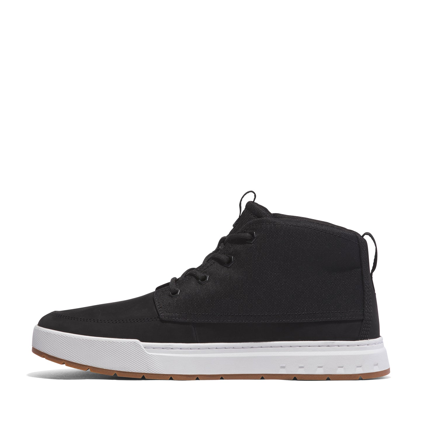 A black, high-top canvas shoe with white sole and brown tread.