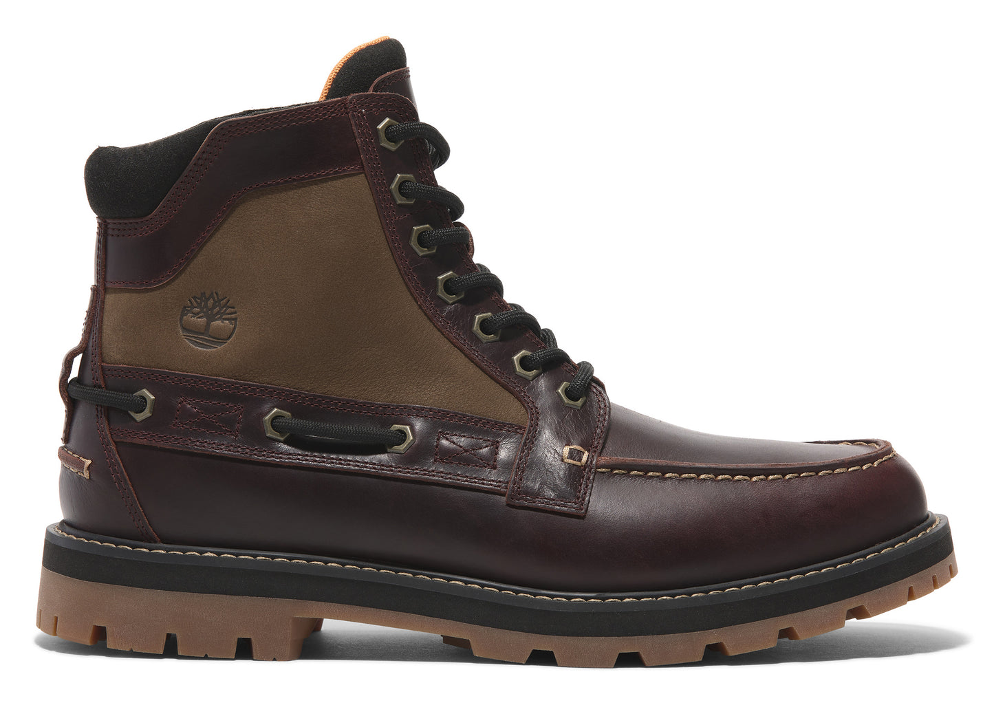 A brown leather ankle boot with black laces and moccasin toe.
