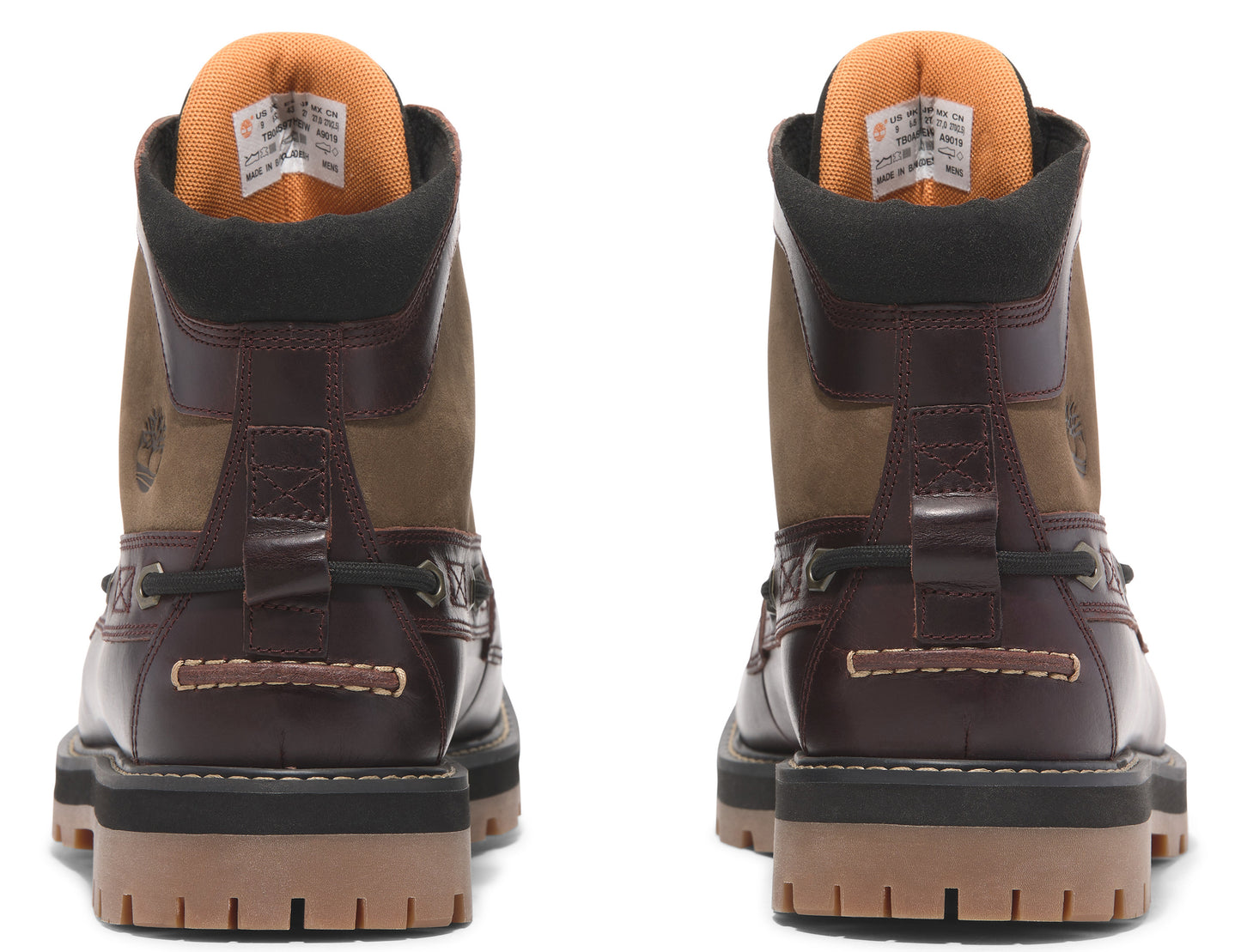 Back view of brown leather boots with a high ankle, featuring a black collar and a light brown outsole.