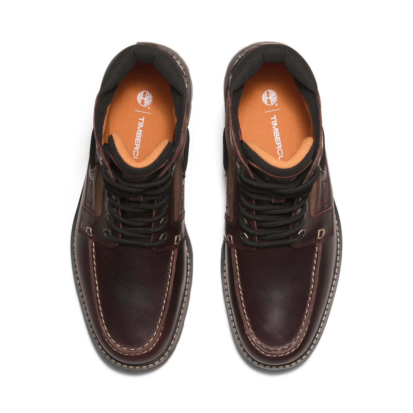 A pair of dark brown leather ankle boots, top-down view, featuring black laces and orange insoles.