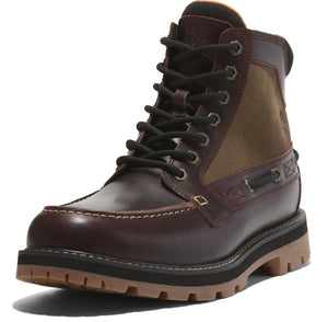 Lace up brown leather boot with tan canvas panels, black laces, and moc toe.