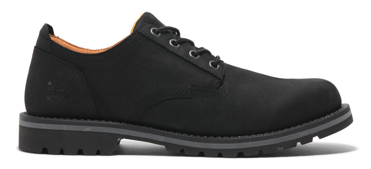 Black derby shoe with a rounded toe, a low heel, and a lace-up closure.