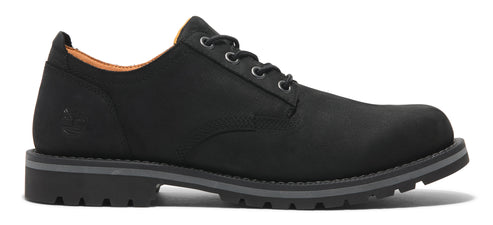 Black derby shoe with a rounded toe, a low heel, and a lace-up closure.