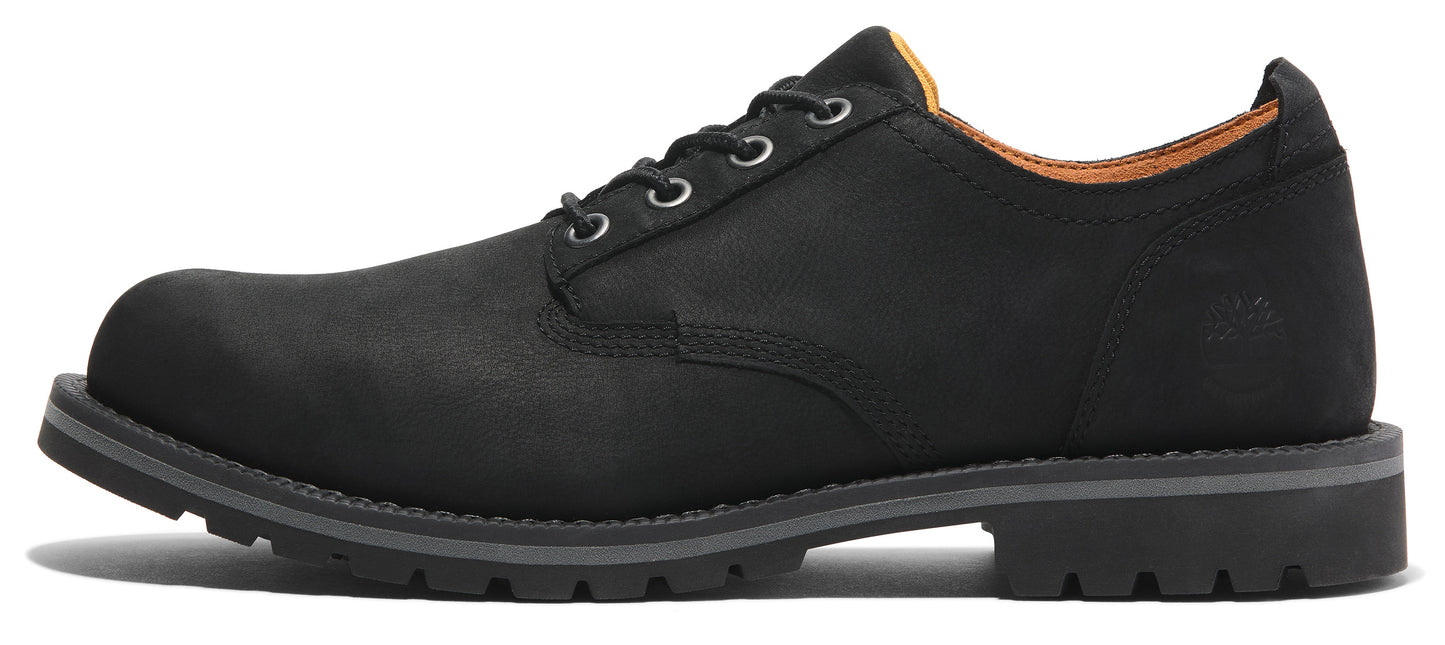Black leather shoe with lace-up closure and gray sole.