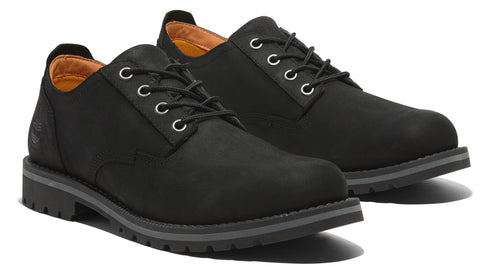 A pair of black leather dress shoes with eyelets and a rubber sole.