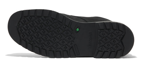 The outsole of a black Timberland shoe features a lug pattern of diamond shapes.