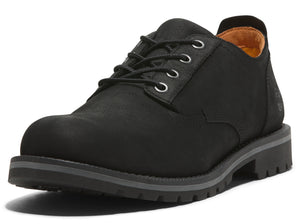 Black leather casual shoe with lace-up closure and a thick, dark sole.