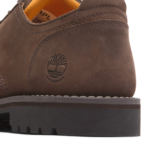 Brown leather shoe rear view with the logo of a tree and the word "waterproof".