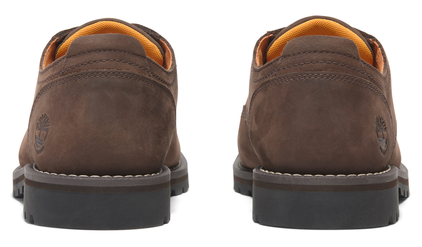 Back view of brown nubuck oxford shoes with yellow interior.