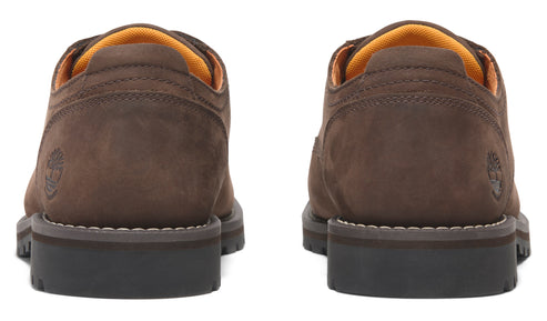 Back view of brown nubuck oxford shoes with yellow interior.
