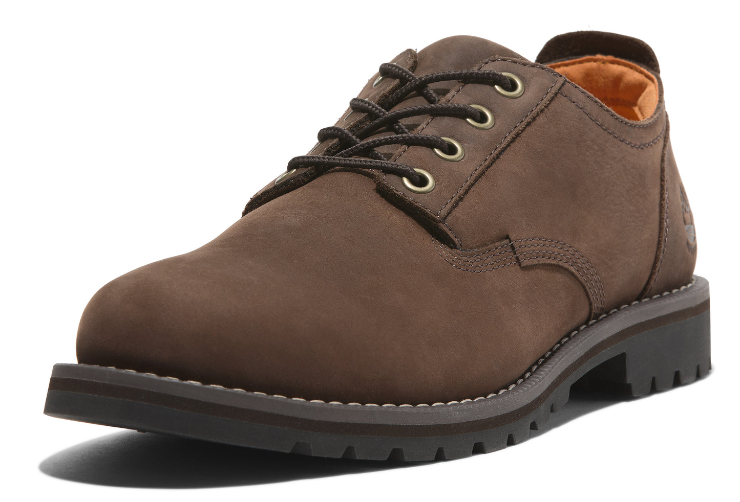 Brown leather work shoe with laces and a thick sole.