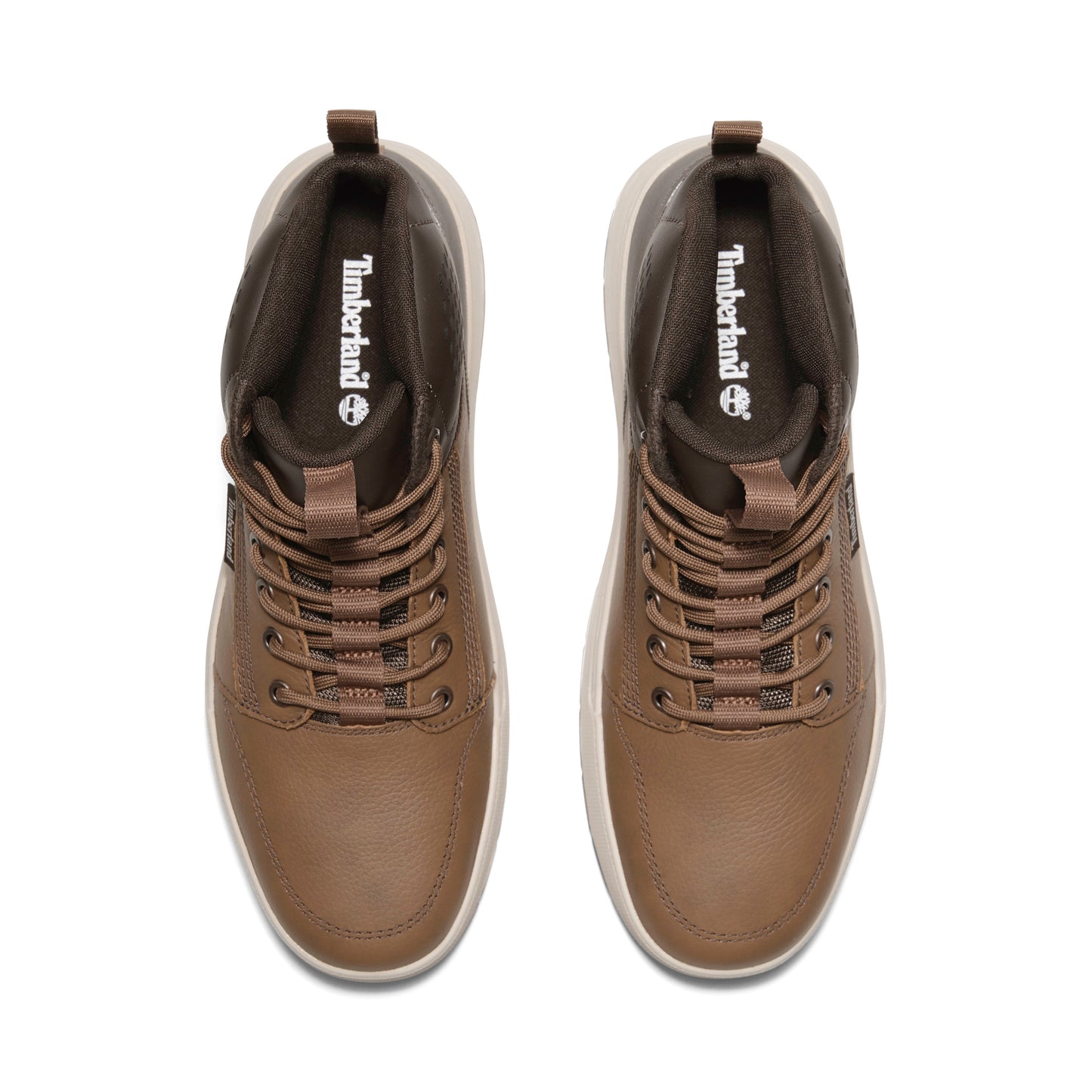 Top-down view of Timberland-branded brown high-top shoes.
