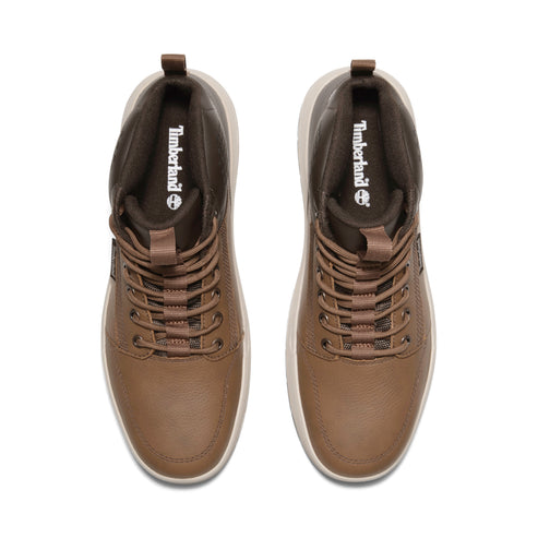 Top-down view of Timberland-branded brown high-top shoes.