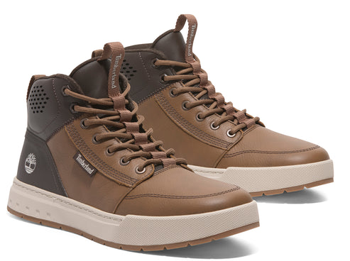 Pair of brown mid-top sneakers with light beige soles, one positioned slightly behind the other.