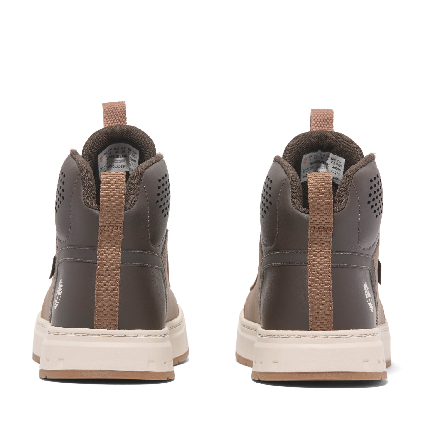 Pair of high-top brown shoes from the rear, featuring a tan vertical stripe and a perforated upper portion, set on off-white soles.