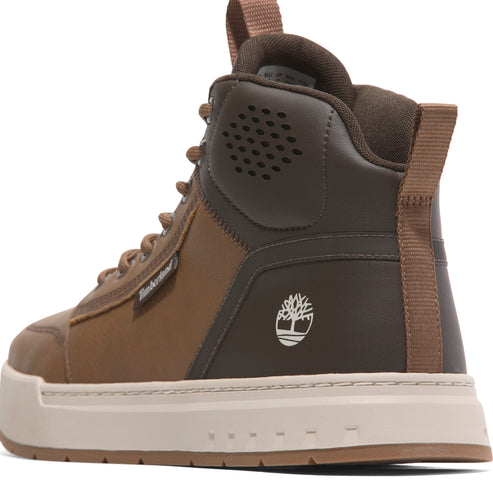Tan and dark brown high top shoe with logo on side and light brown sole.