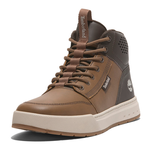 High top brown leather shoe with laces and a white sole, with the word "Timberland" visible.