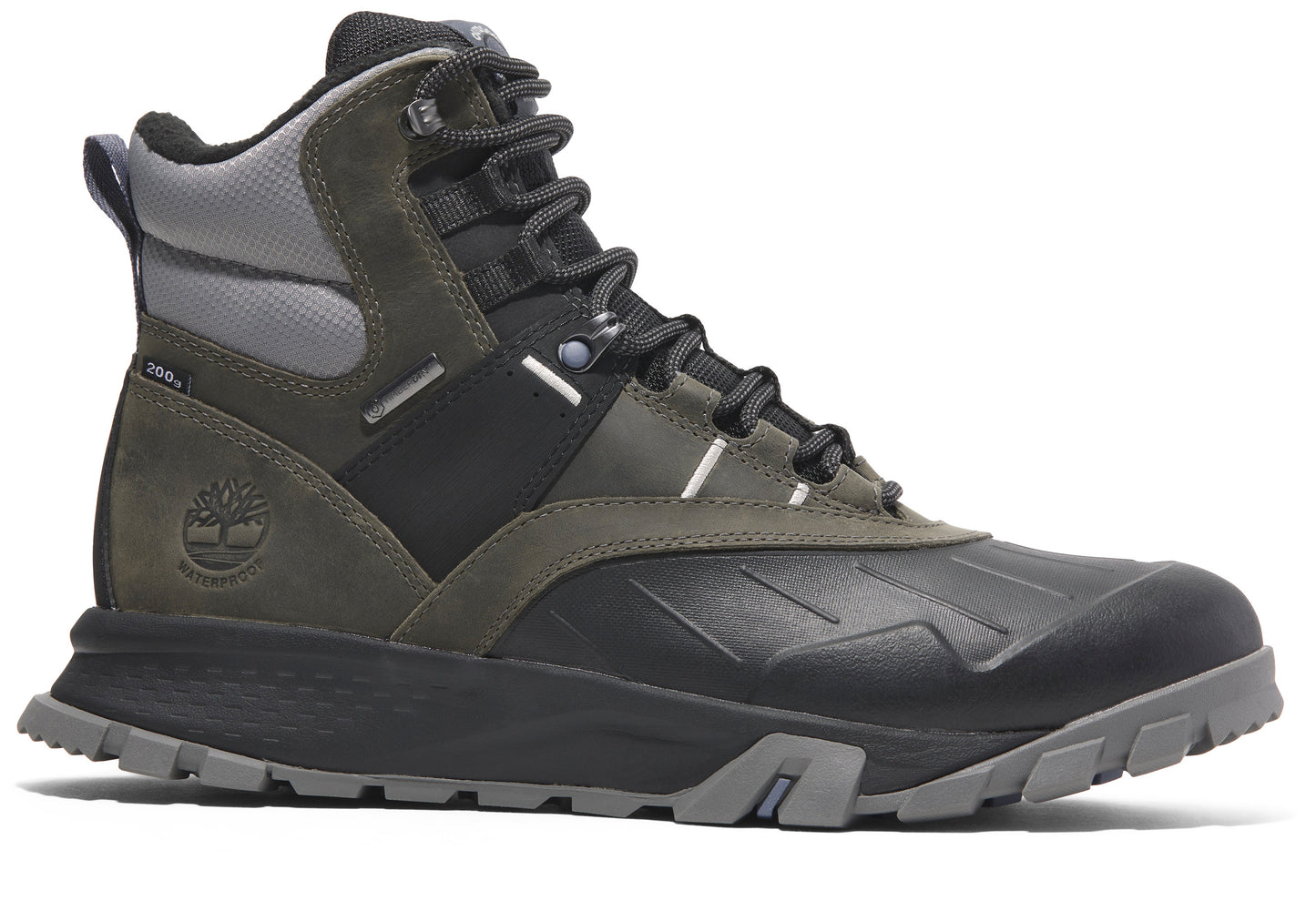A mid-height hiking boot with a waterproof, grey, black, and olive green upper and a lugged grey outsole.