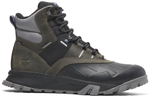 A mid-height hiking boot with a waterproof, grey, black, and olive green upper and a lugged grey outsole.