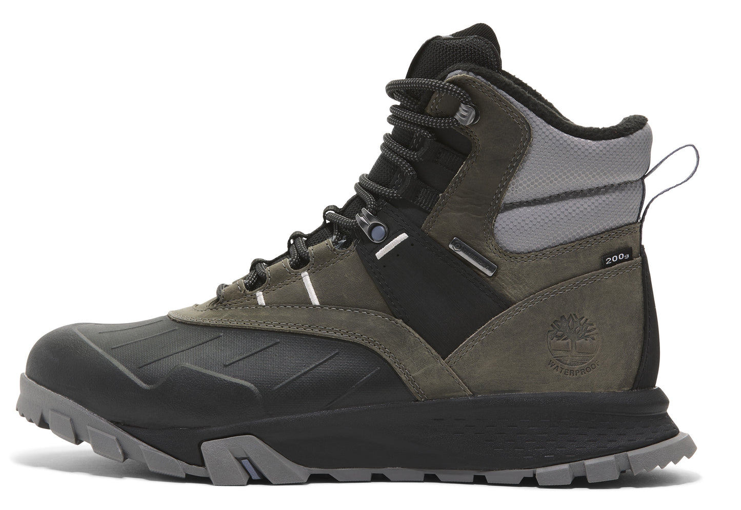 Hiking boot in gray, black, and olive drab with laces and a reinforced toe.