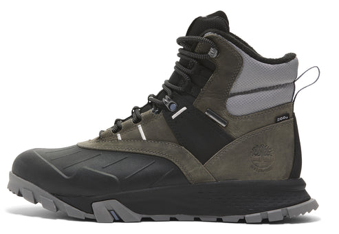 Hiking boot in gray, black, and olive drab with laces and a reinforced toe.
