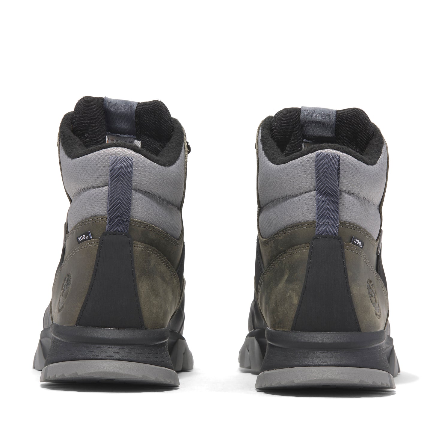 A pair of Timberland boots, rear view; green and black nubuck leather, with gray padded collars and black soles.