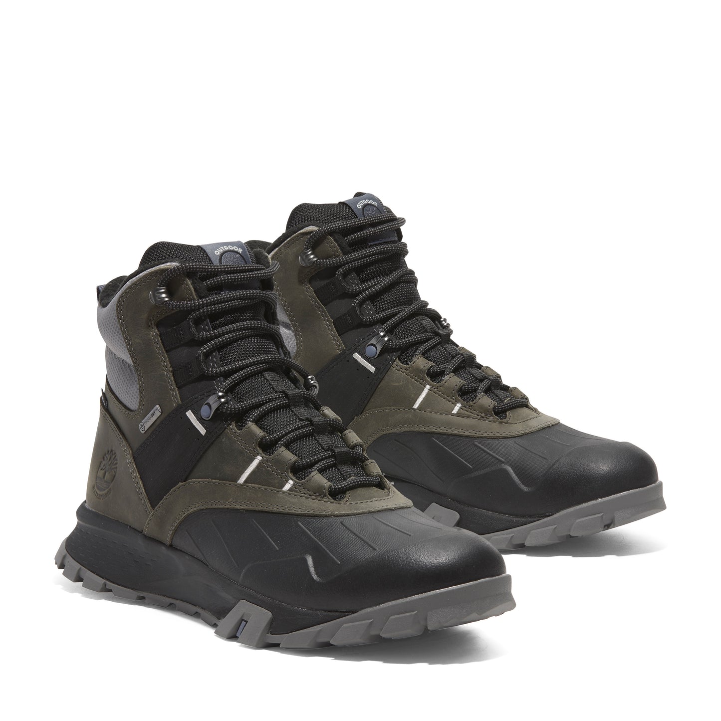 Pair of black and green hiking boots with dark laces and gray soles.