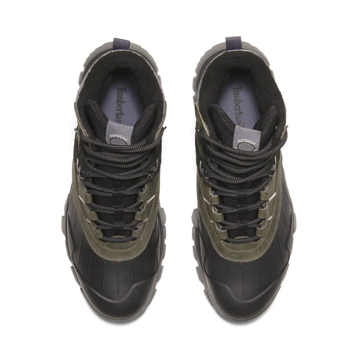 A pair of dark-colored hiking boots with a rubber toe cap, lace-up closure, and lugged sole, as seen from above.
