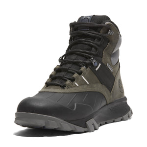 Black and grey hiking boot with black laces and a sturdy sole.