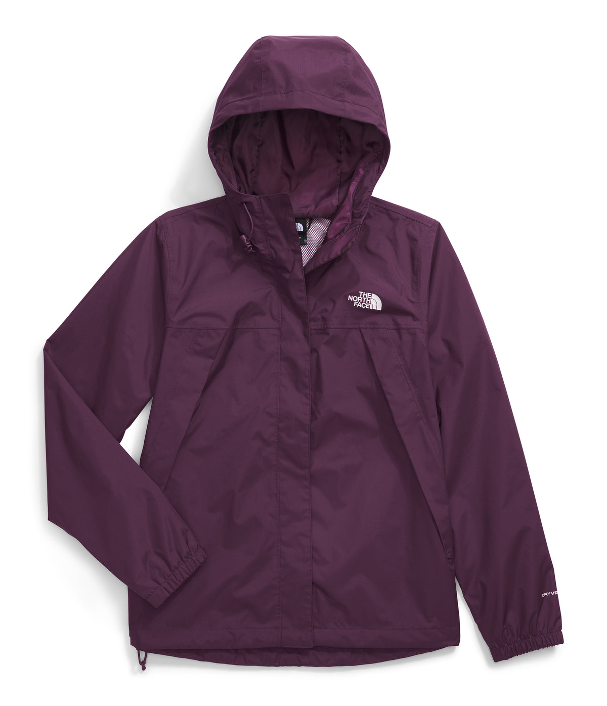 Front view of a dark purple hooded raincoat.