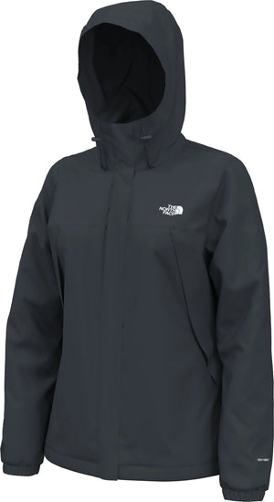 A dark gray women's long-sleeve hooded rain jacket with a front zipper and the text "THE NORTH FACE" printed in white on the upper left chest.