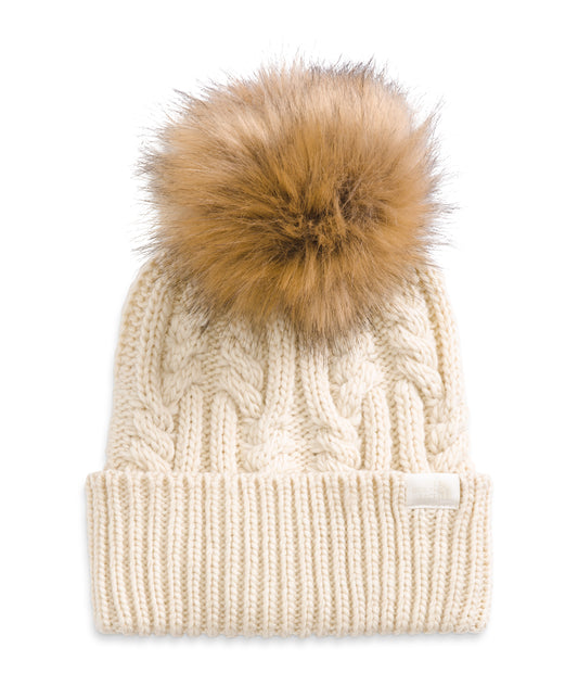 Cream cable knit hat with faux fur pompom