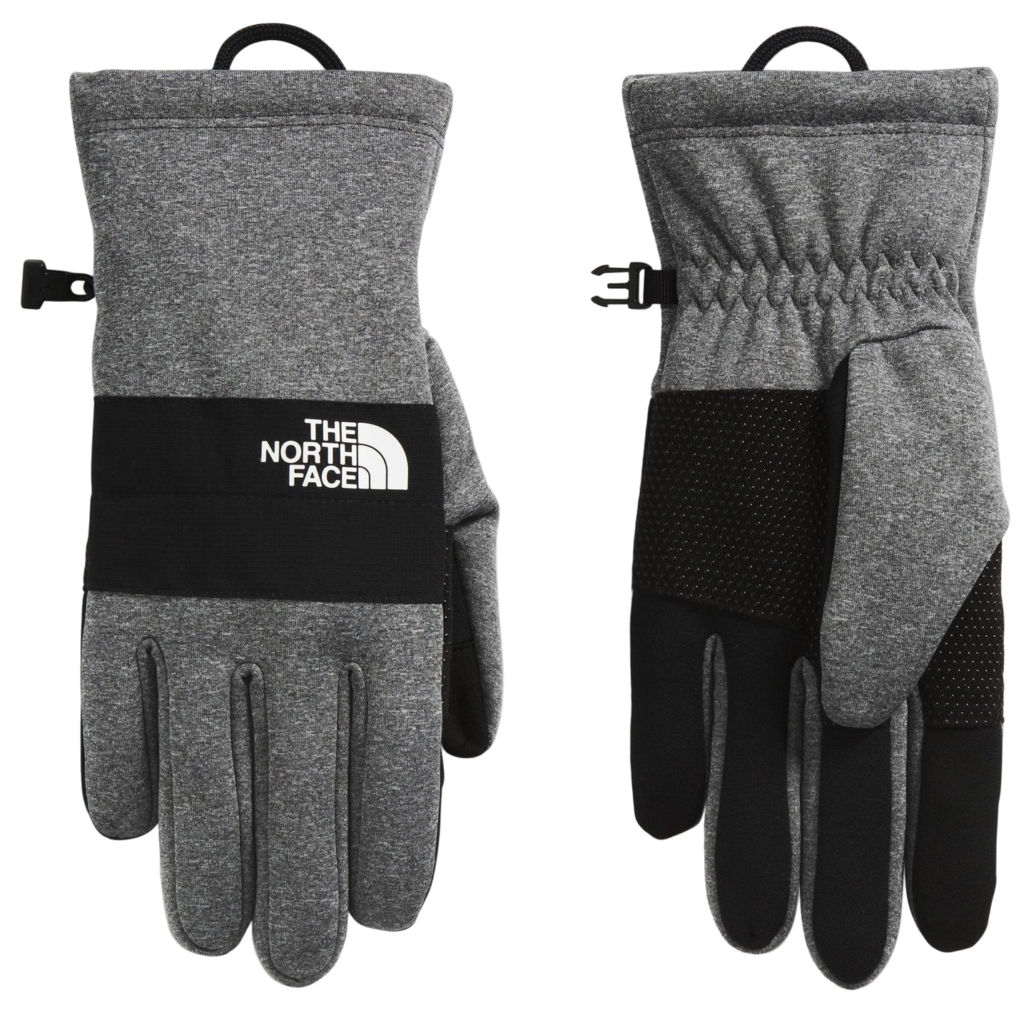 Pair of gray fleece gloves with a black band, THE NORTH FACE logo, black fingertips and adjustable wrist buckle.