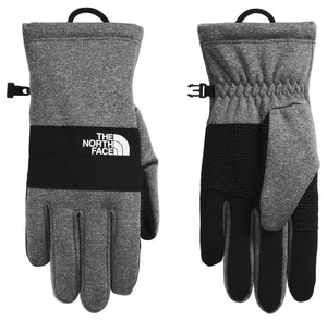 Pair of gray fleece gloves with a black band, THE NORTH FACE logo, black fingertips and adjustable wrist buckle.