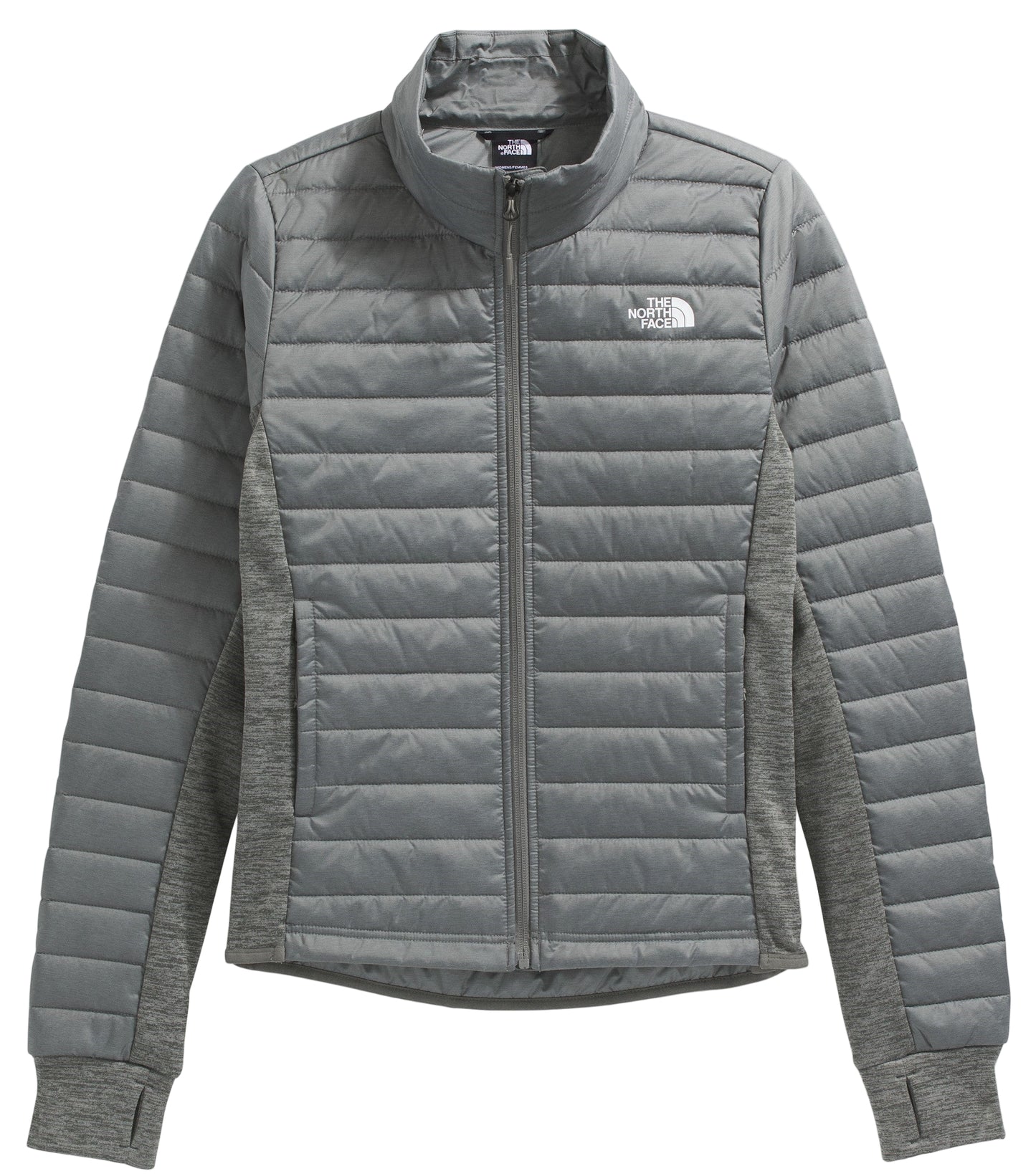 A gray padded jacket with knitted sleeves and a white logo on the chest.
