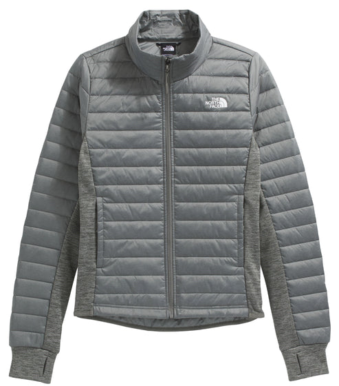 A gray padded jacket with knitted sleeves and a white logo on the chest.