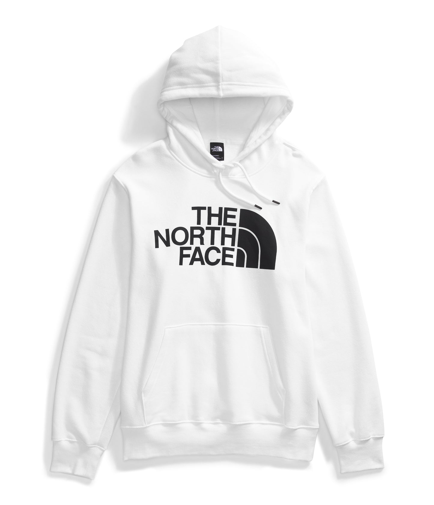 White hooded sweatshirt with black text and half circle design.