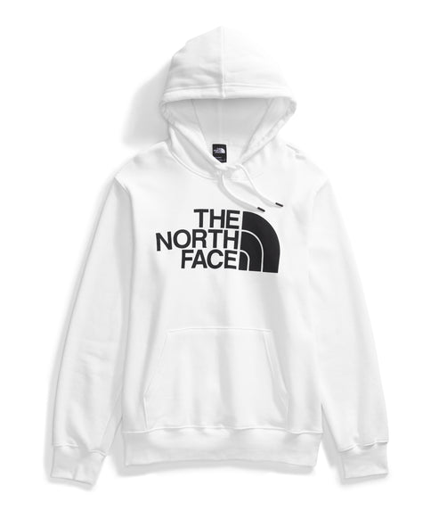 White hooded sweatshirt with black text and half circle design.