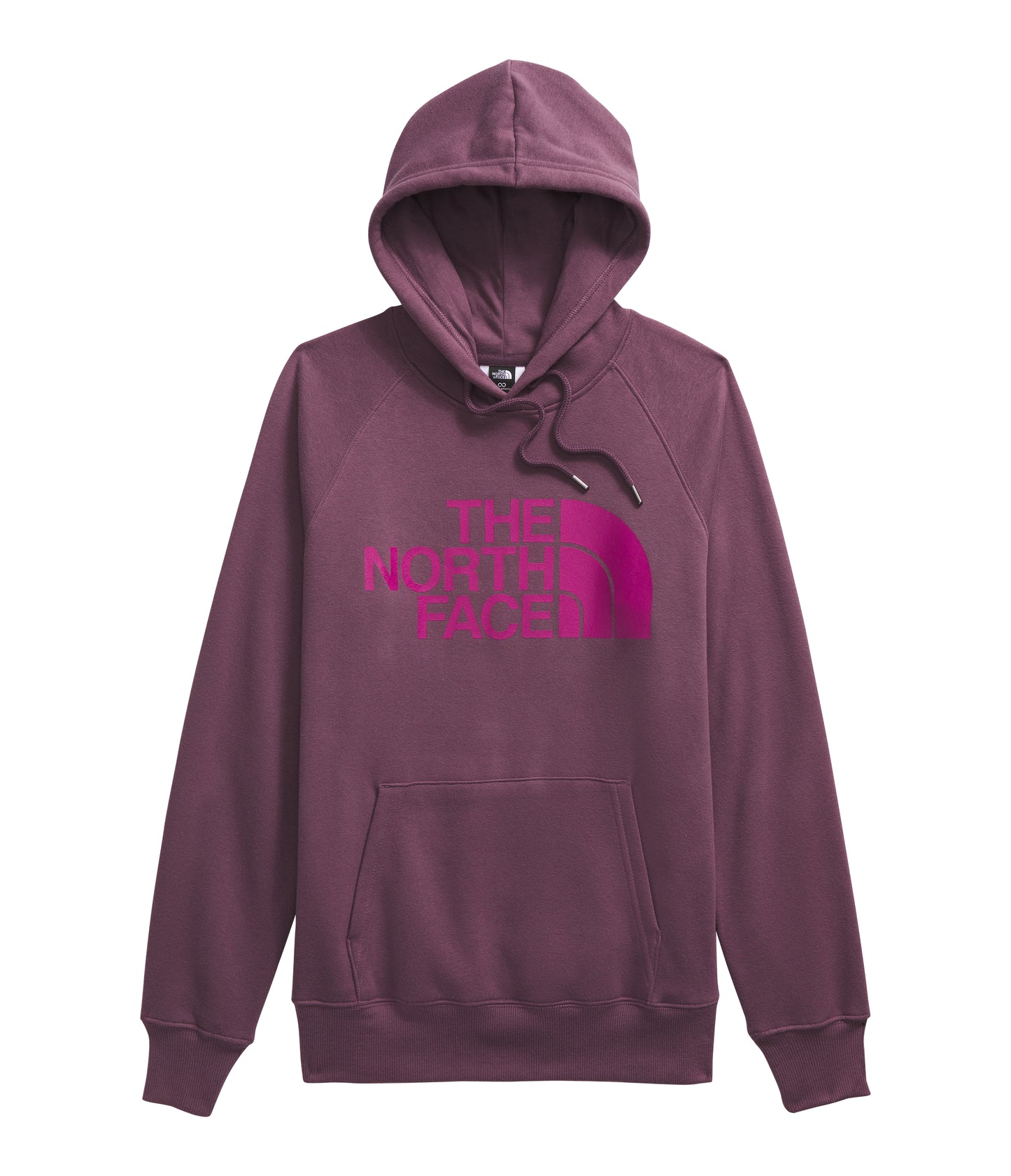 Maroon hoodie with a large magenta logo on the chest and drawstrings.