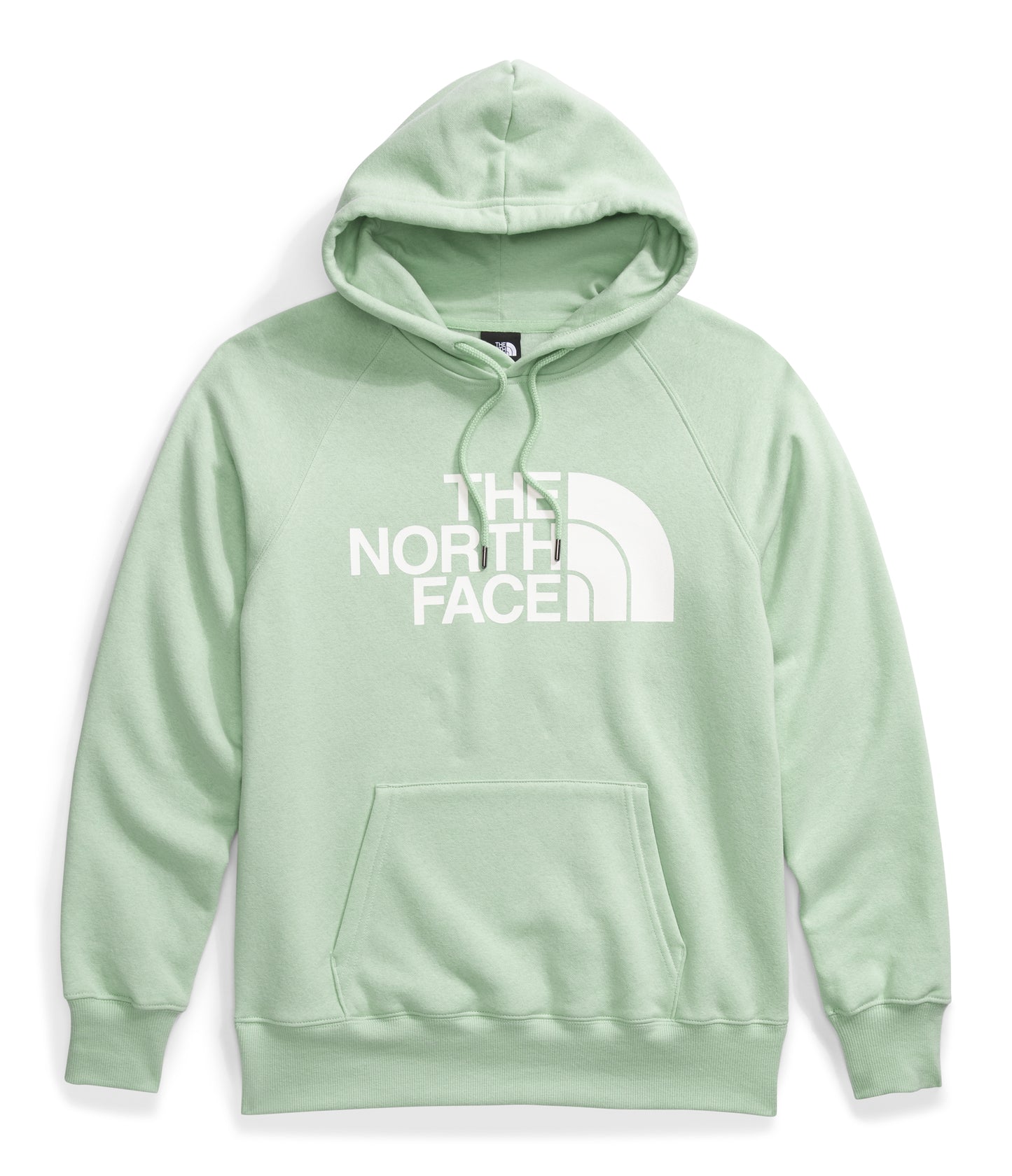 A light green hoodie with a white logo printed on the chest and a front pocket.