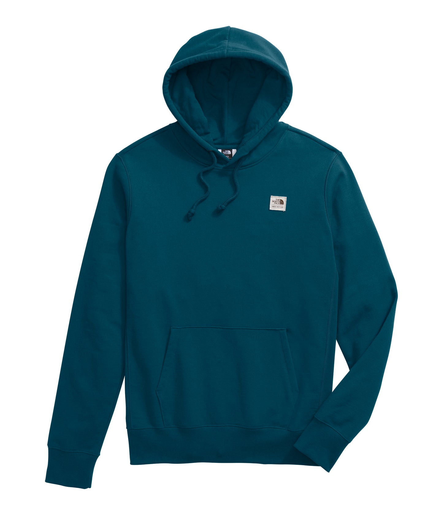 Teal hooded sweatshirt with drawstrings and a small square label.