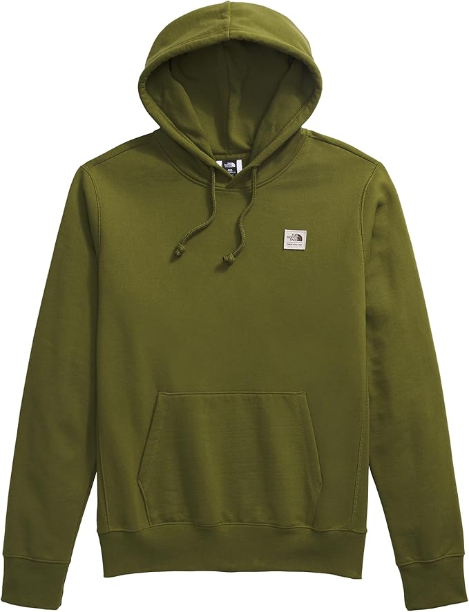 Olive green hoodie with hood, kangaroo pocket, drawstring, and small square logo patch on chest.