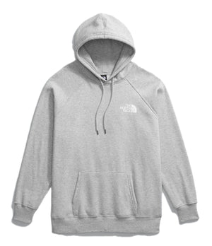 Heather gray hooded sweatshirt with front pocket and logo at upper right chest.