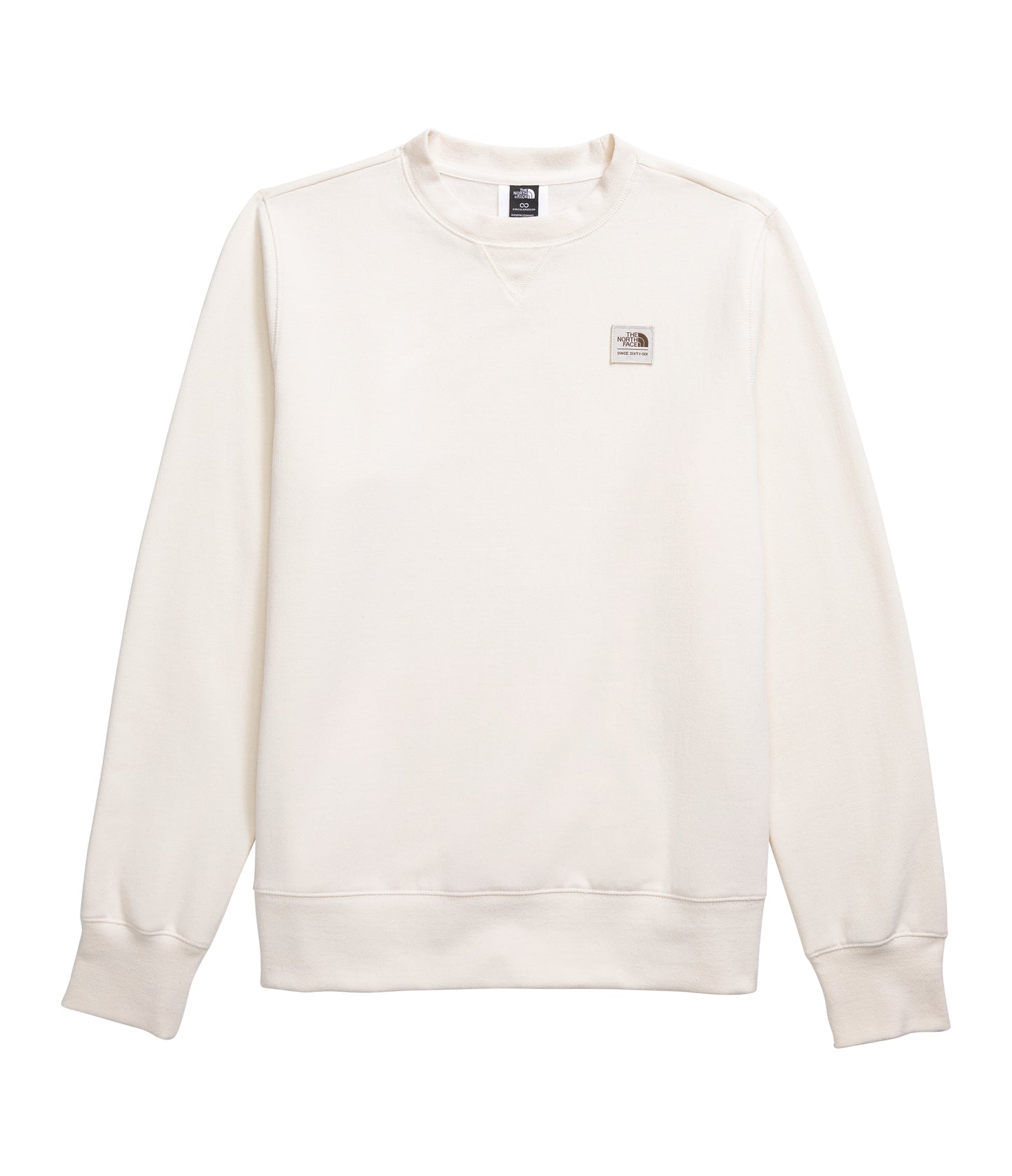 Front view of a white crewneck sweatshirt with a small square logo on the left breast.