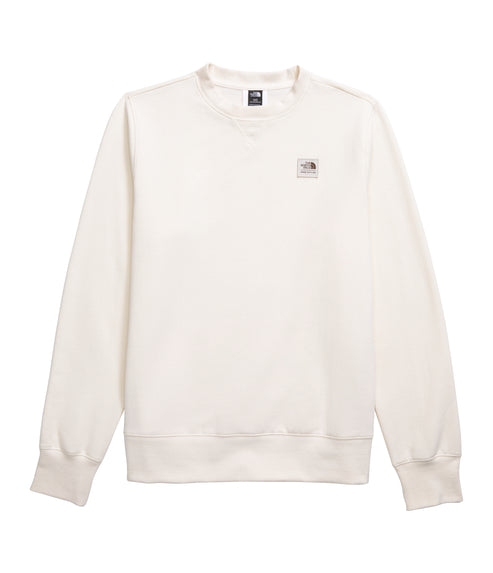 Front view of a white crewneck sweatshirt with a small square logo on the left breast.